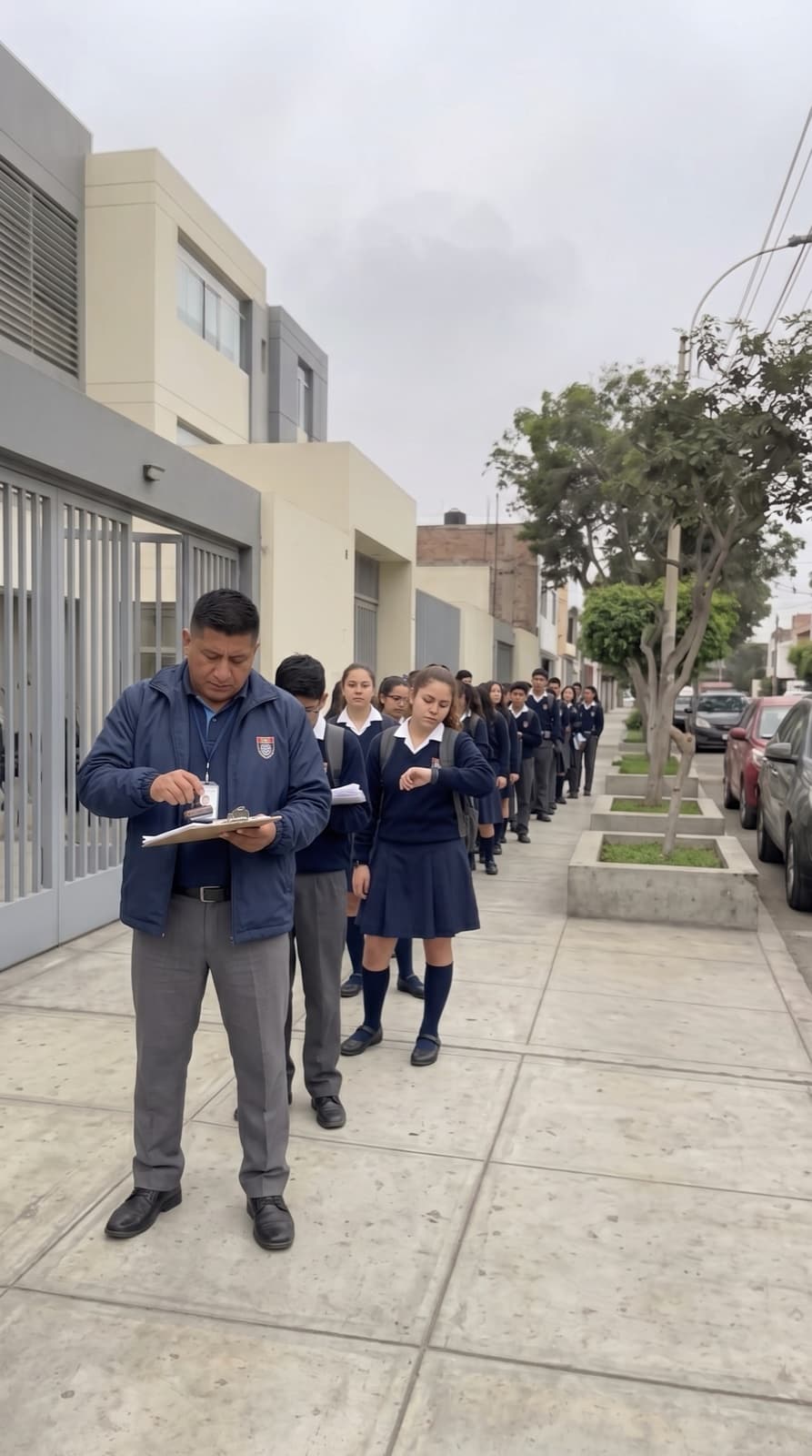 En la puerta del colegio, un auxiliar revisa una lista en papel mientras una fila de alumnos espera para entrar.
