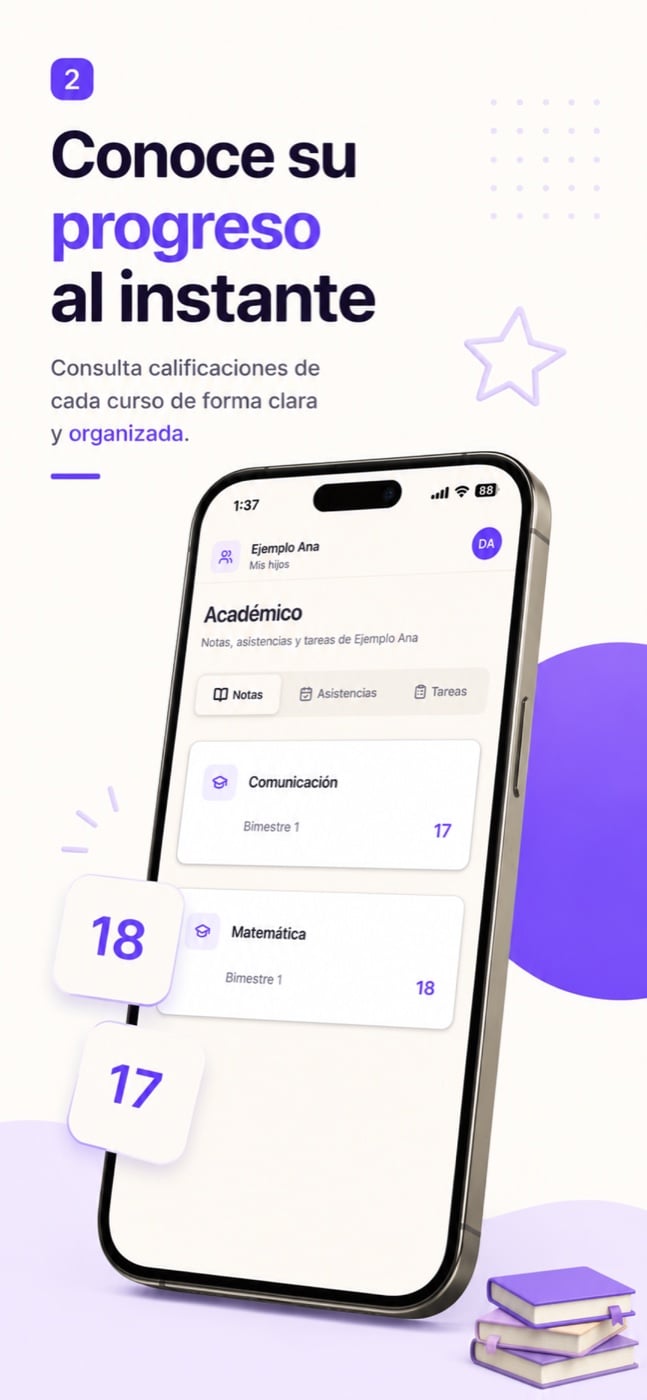 Pantalla de la app de Kiiut «Conoce su progreso al instante»: las notas de cada curso del alumno.