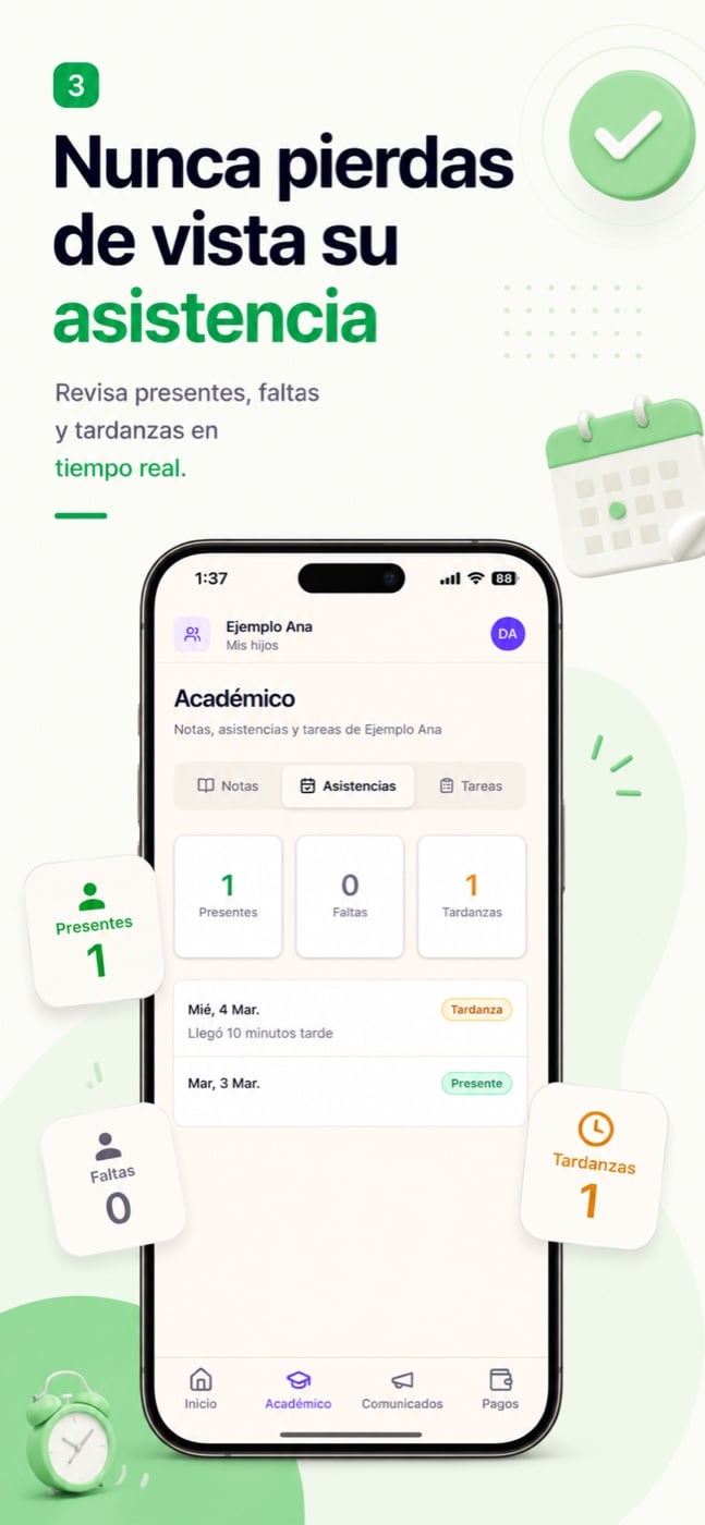 Pantalla de la app de Kiiut «Nunca pierdas de vista su asistencia»: presentes, faltas y tardanzas del alumno.